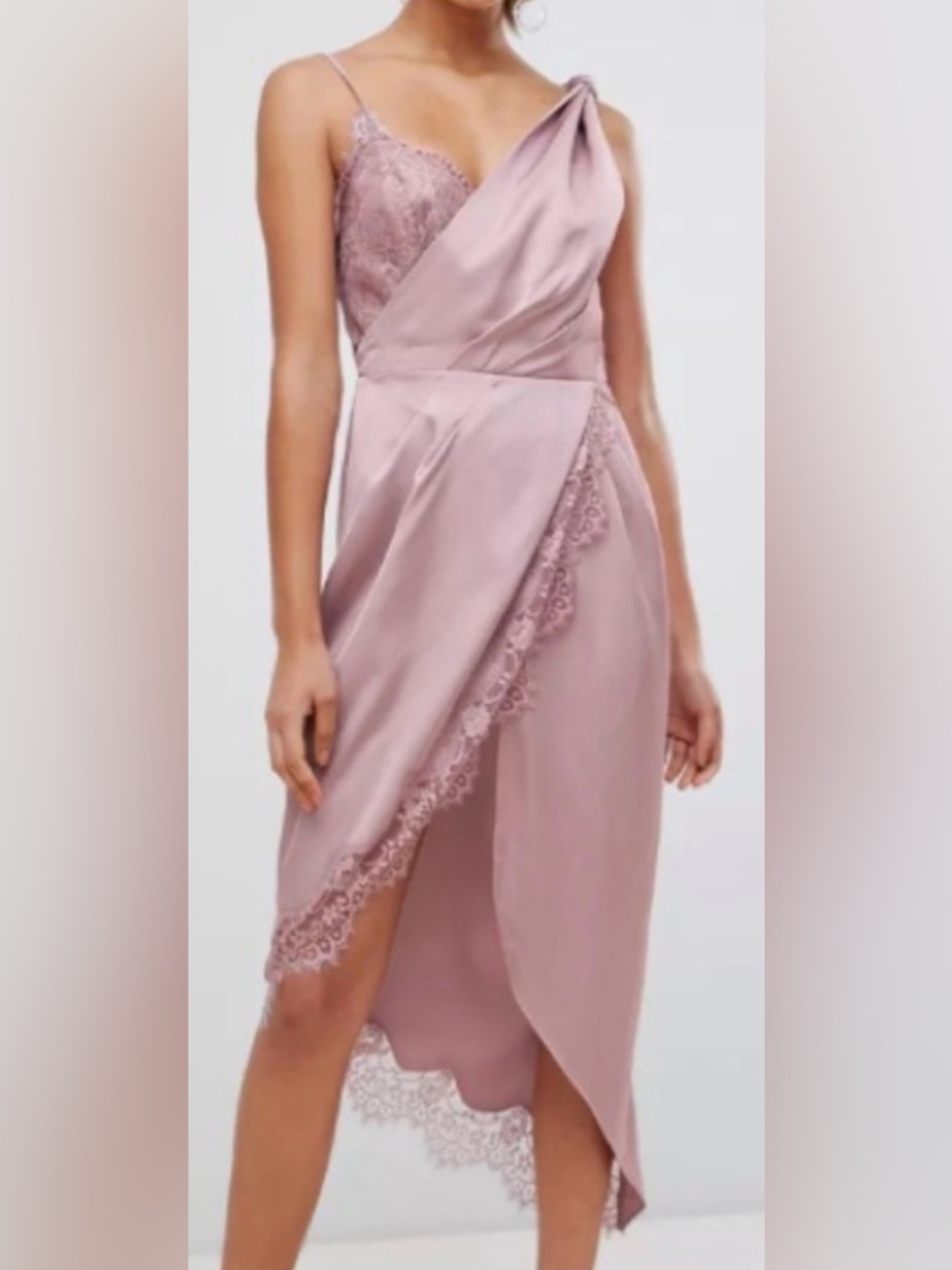 NEW ASOS Mauve Lace-Trim Satin Wrap Dress